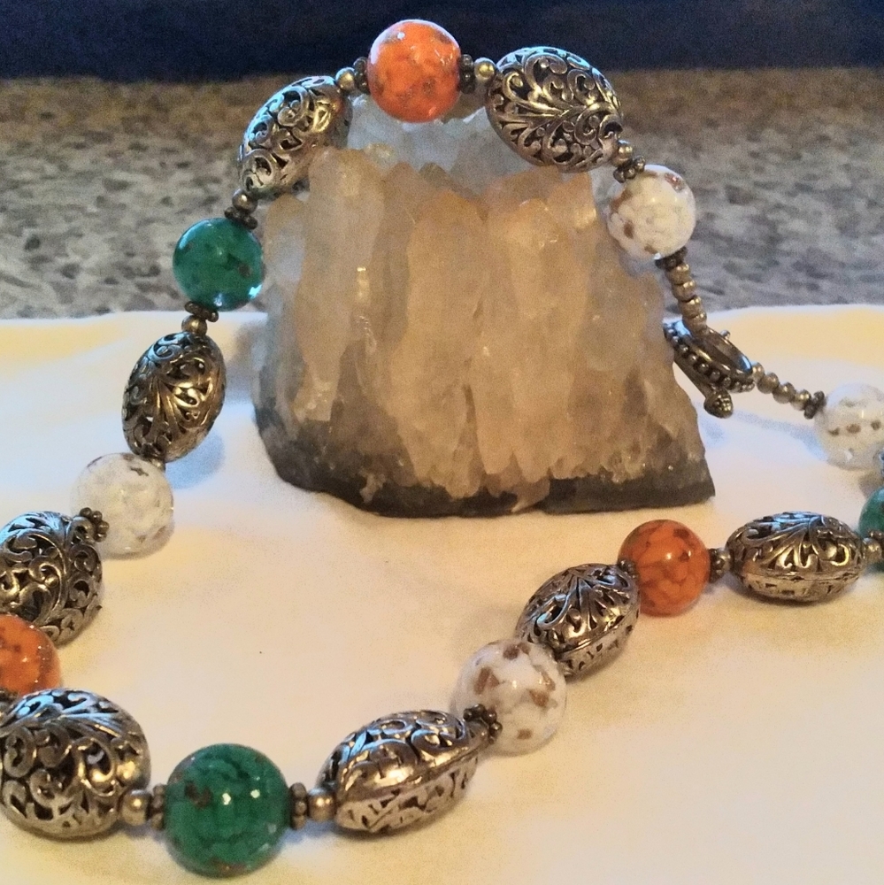 Vintage fall colors necklace. Art glass and silver filligree beads. Feels great!
